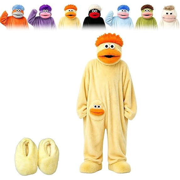 Big Mouth Monster Onesie for Adults, Cozy Yellow Plush Fleece Pajamas with Shoes, Silly Onesie Funny Monster Hooded One Piece Loungewear, Unisex Halloween Costumes for Couples