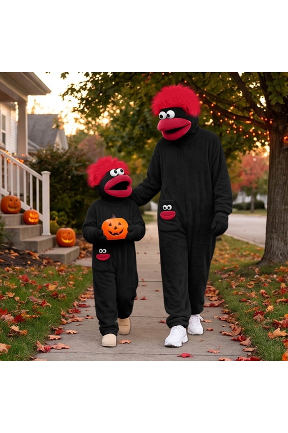Big Mouth Monster Onesie for Women/Men, Halloween Plush Jumpsuit with Furry Hood, Slippers & Comb — Adult Funny Loungewear Costume Black L
