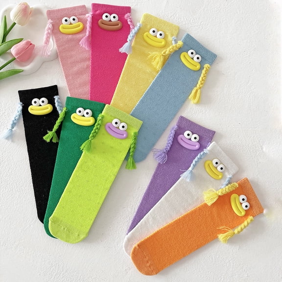 Big Mouth Monster Socks Cute Novelty 3D Eyes Braided Pigtails Crew Socks Colorful Funny Cotton Knit Long Socks for Women Teens Daily Wear