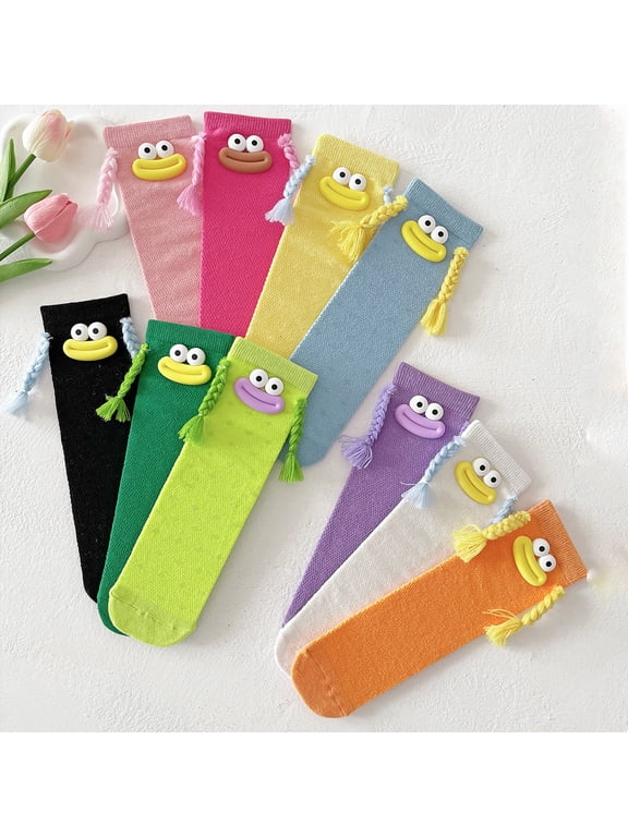 Big Mouth Monster Socks Cute Novelty 3D Eyes Braided Pigtails Crew Socks Colorful Funny Cotton Knit Long Socks for Women Teens Daily Wear
