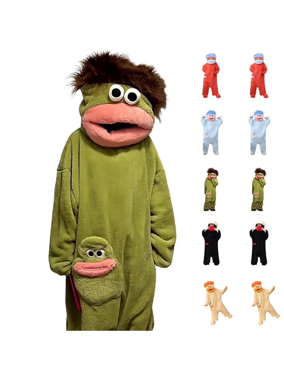 Big Mouth Puppet Monster Hooded Onesie Pajamas Adults, Coral Fleece Full Length Pullover Loungewear, Cartoon Cosplay Sleepwear, Stretch Winter Costume For Halloween Party(Yellow/XL)
