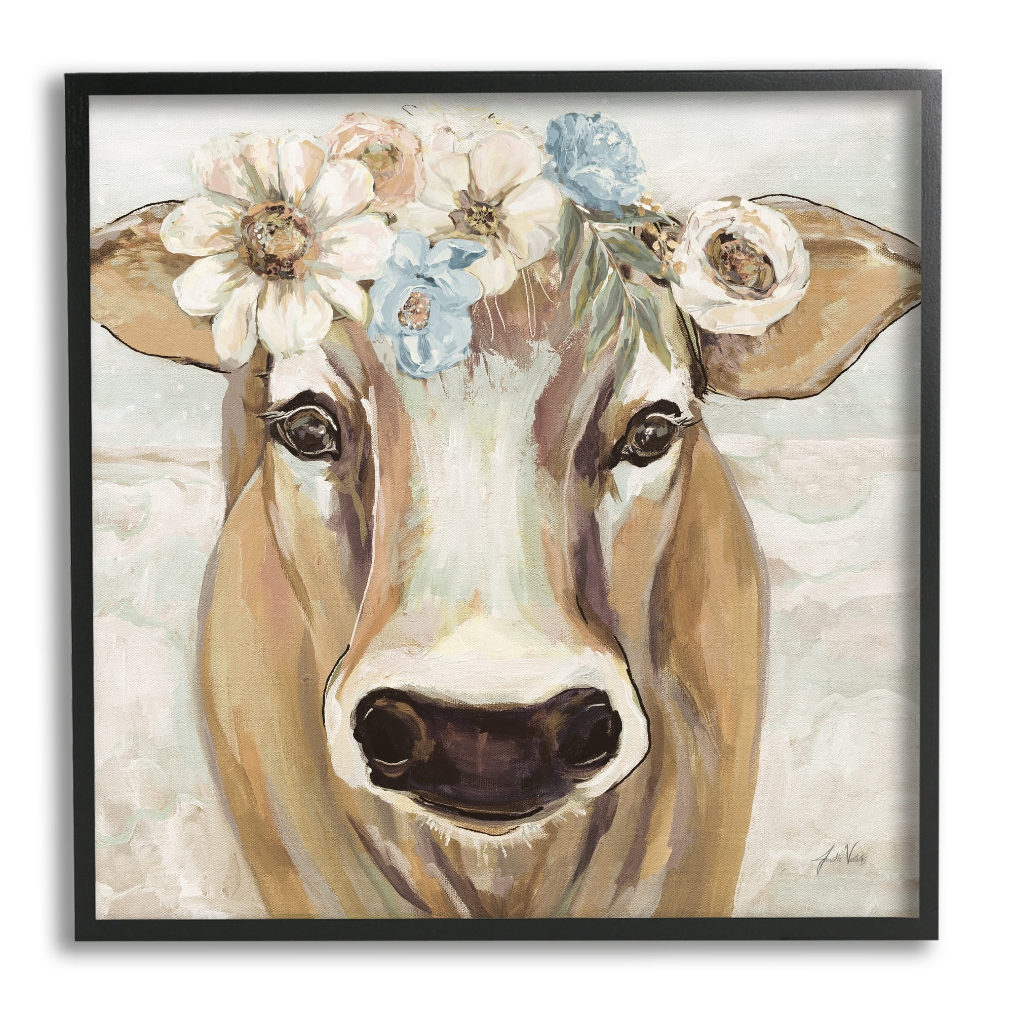 Big Nose Boho Farm Cow Daisy Flower Crown 24 in x 24 in Framed Painting Art Print, by Stupell Home Décor