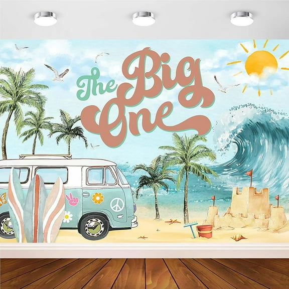 The Big One Birthday Cute Backdrop Seaside Beach Summer Hawaiian Party Decorations Boys Girls 1st Birthday Party Decor Surfboards Coconut Tree Birthday Party Photography Background