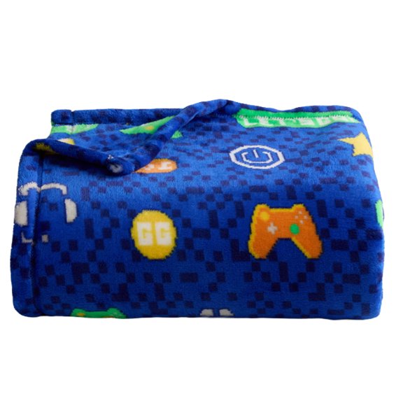 The Big One Gaming Plush Throw Blanket, 60 x 72 Inches, Super Soft Blue Gamer Blanket with Controller Design, Polyester Cozy Throw for Couch, Bed or Gaming Room