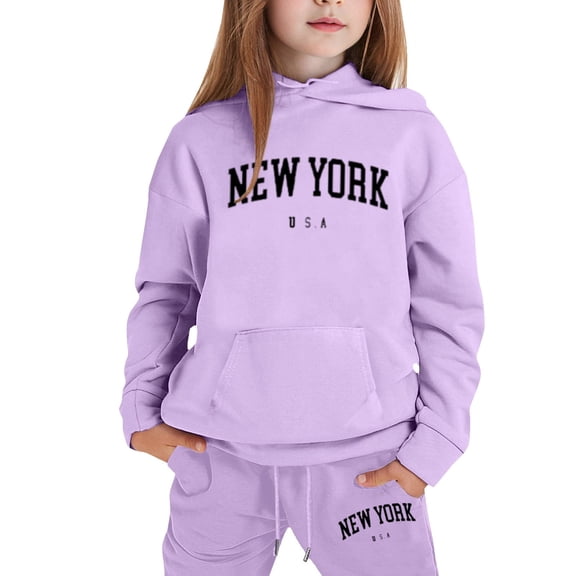 Big Outfits for Girls Sets Casual Winter Wear Trendy Printed Hooded Sweatshirt Cute Girls Fall Clothes Purple Size 8-9T