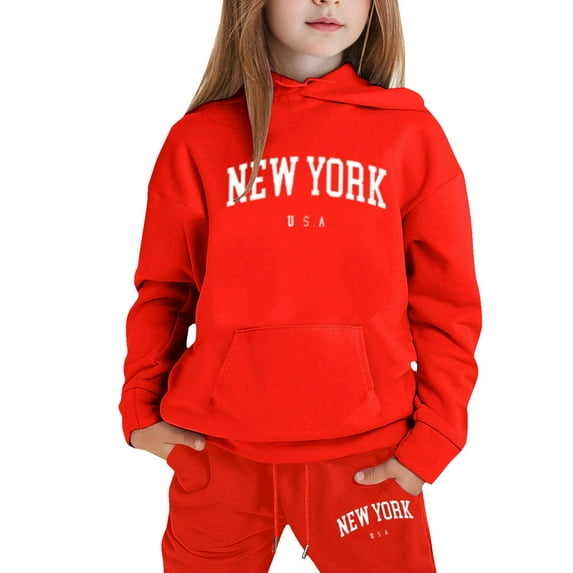 Big Outfits for Girls Sets Casual Winter Wear Trendy Printed Hooded Sweatshirt Cute Girls Fall Clothes Red Size 8-9T