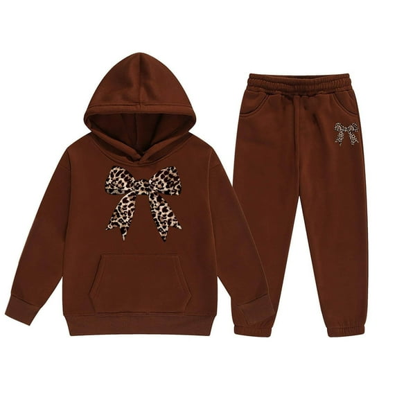 Big Outfits for Girls Sets Winter Hoodie Joggers Comfy Casual Kids Print Cute Girls' Fall Clothing Sets Coffee Size 8-9T