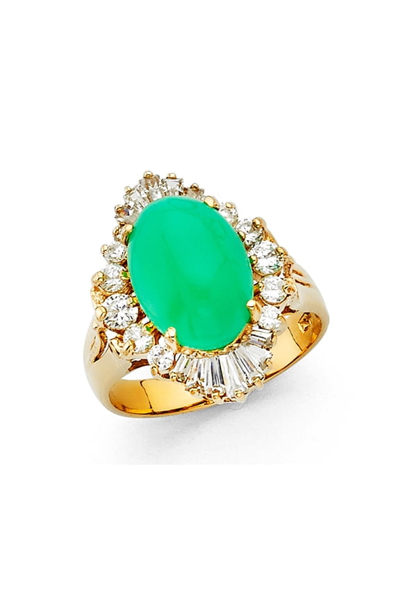 Big Oval Green CZ Engagement Ring 14k Yellow Gold Anniversary Solitare CZ Wide Band Side Stones Size 8