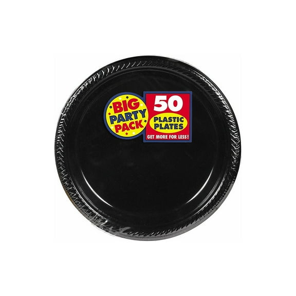 Black, Big Party Pack, Round Plastic Plates 7", 50 Per Pack