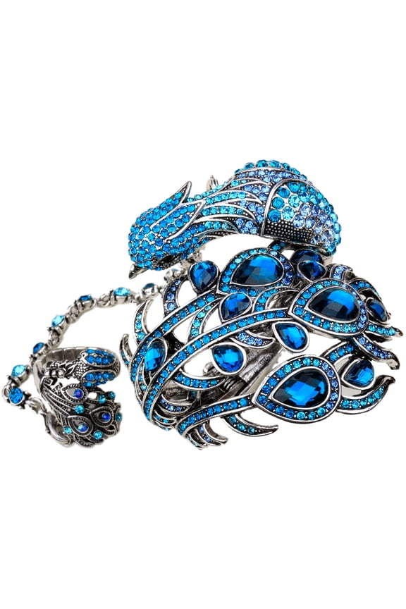 Big Peacock Hinged Bracelet With Stretch Ring Set for Women Fit Wrist Size 6.5 to 7.5 inch & Finger 6.5 to 9