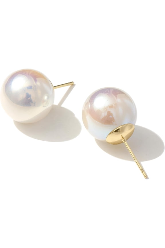 Big Pearl Earrings for Women, Oversize 14/12/10mm Classic Round Strong Light Simulated Shell Pearl Earrings 14K Gold Plated Sterling Silver Stud(14 MM)[u2765]