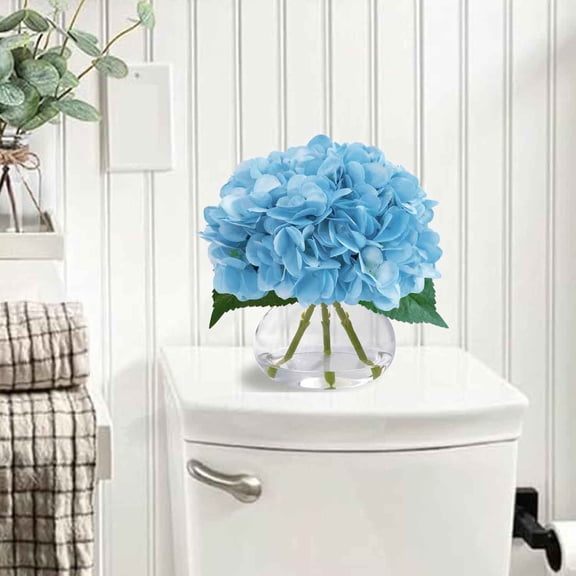 Big Petals Hydrangea Artificial Flowers in Vase, Blue Silk Fake Flowers Centerpiece Table Decor for Dining Room, Coffee Table, Wedding, Home with Faux Water Decor (Sea Blue)