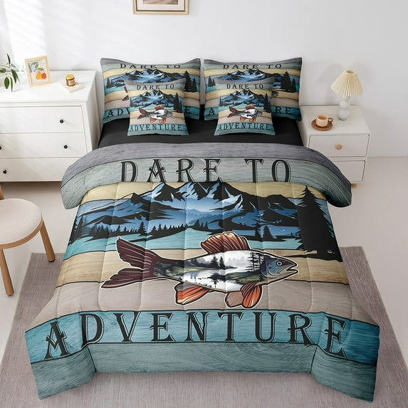 Big Pike Fish Bedding Comforter Sets 7pcs Hunting and Fishing Bed in a Bag, Rustic Farmhouse Lodge Cabin Queen Bedding Sets Adventure Theme Comforter Set, Vintage Old Barn Door Bedding Sets