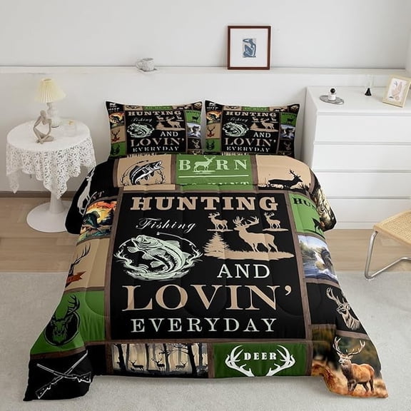 Big Pike Fish Bedding Set Deer Comforter Set Fish and Hunt Duvet Set Antlers Fish Fishing Rod Inner Fill Comforter Set Twin Size