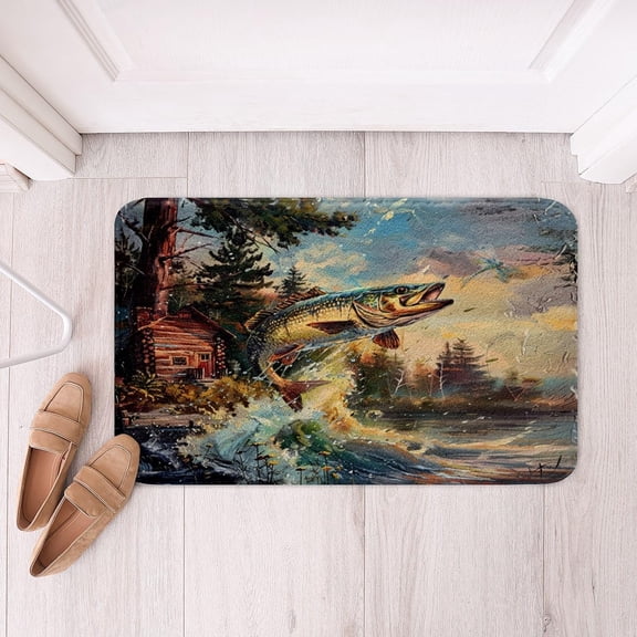 Big Pike Fish Polyester Bath Rug Hunting and Fishing Pattern Soft Fleece Door Carpet for Kids Underwater Animals Non Slip Bath Mat Rustic Farmhouse Bathroom Floor Indoor Doormat,16X24 Inch
