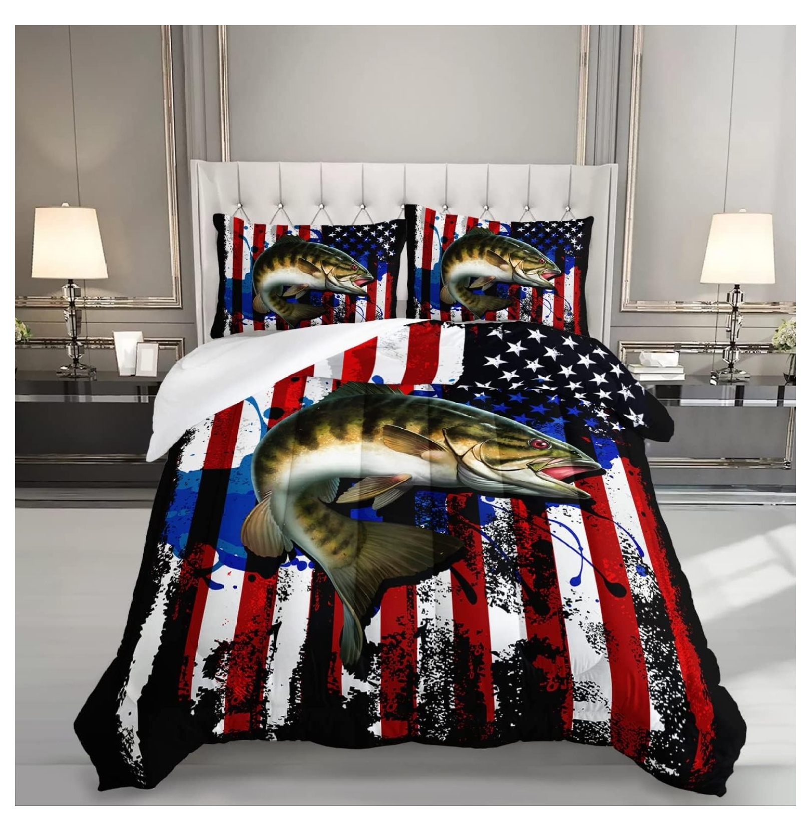 Comforter Fish Pattern Big Pike Fishing Comforter Set,Bass Fish American Flag Pattern Hunting ...