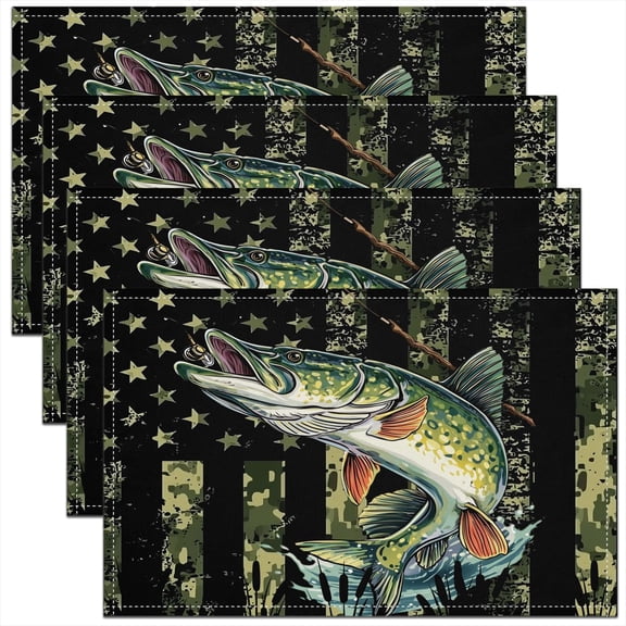 Big Pike Fishing Placemats Set of 4 Camo Table Mats Hunting and Fishing Place Mat for Kitchen Dining Table Party Decor Indoor Outdoor 18"x12" Non-Slip Easy to Clean Camouflage