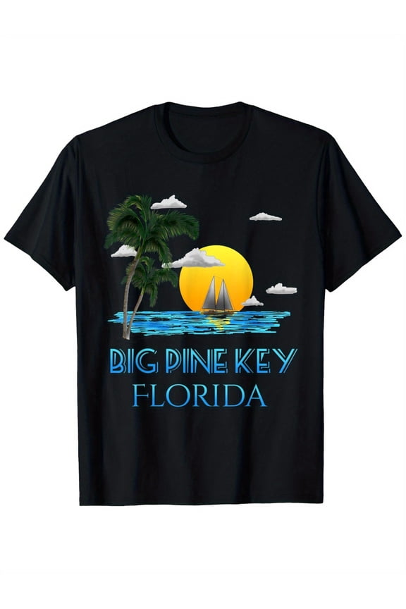 Big Pine Key Florida Nautical Sailing T-Shirt, 100% Cotton Holiday Casual T-Shirt for Men & Women & Family Black, S-XXXL
