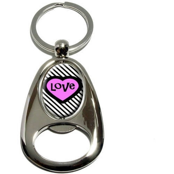 Big Pink Heart Love Black Stripes, Chrome Plated Metal Spinning Oval Design Bottle Opener Keychain Key Ring