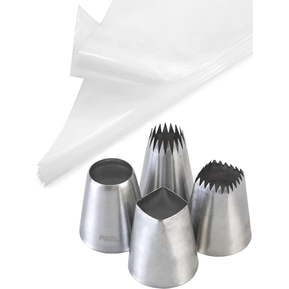 Big Piping Tips and Bags,Eclair Macaron Icing Tips with 18-Inch Pastry Bags for Frosting Cake Decorating Silver