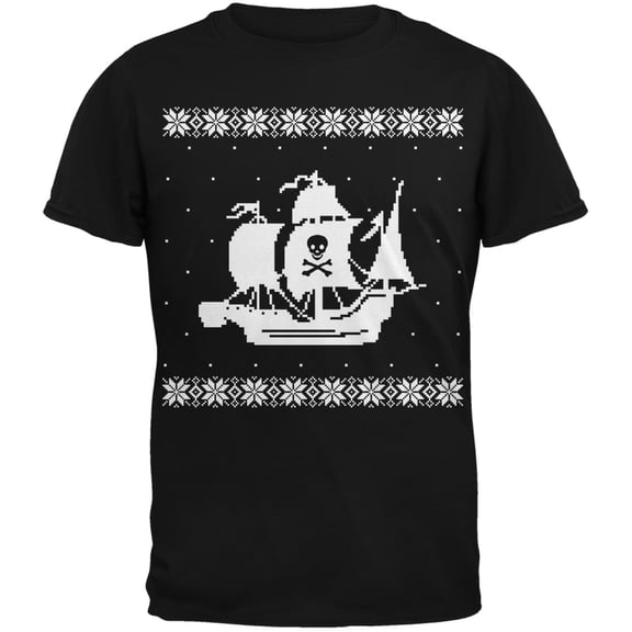 Big Pirate Ship Ugly Christmas Sweater Black Adult T-Shirt - 2X-Large