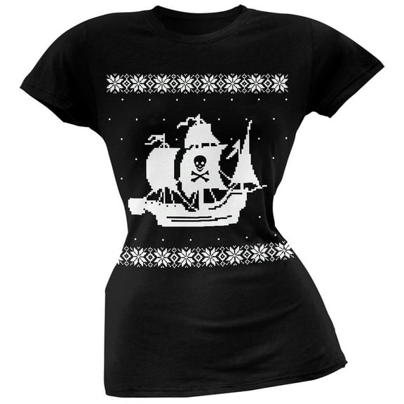 Big Pirate Ship Ugly Christmas Sweater Black Soft Juniors T-Shirt - Large