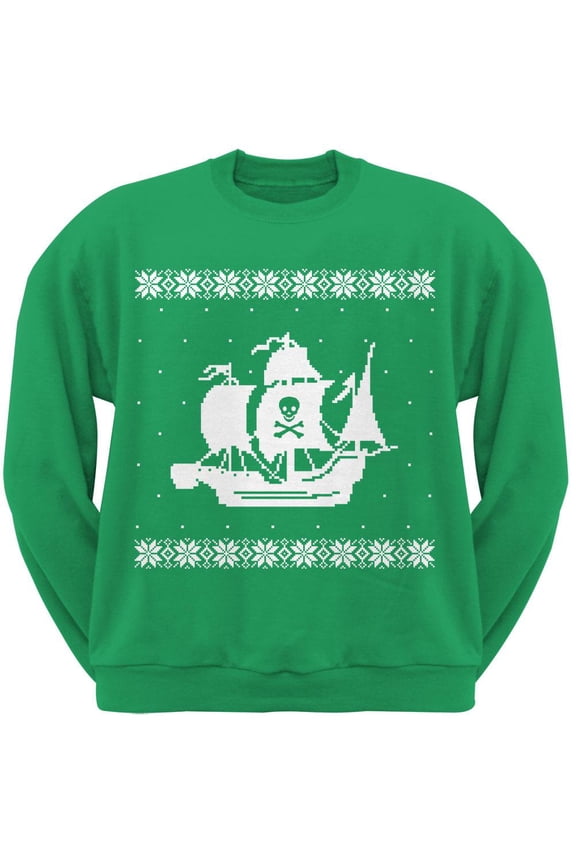Big Pirate Ship Ugly Christmas Sweater Green Sweatshirt - 2X-Large