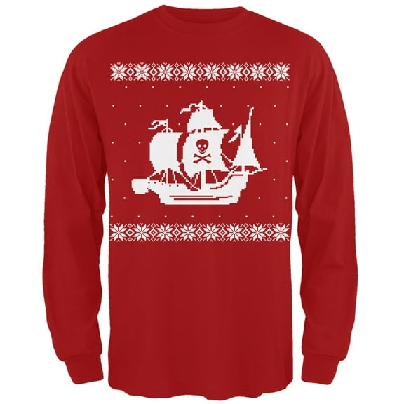 Big Pirate Ship Ugly Christmas Sweater Red Long Sleeve T-Shirt - 2X-Large
