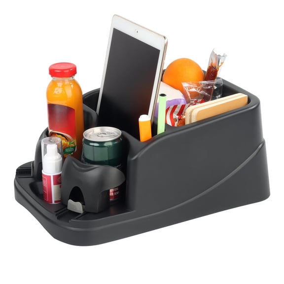 Big Plastic Console for Cars, Trucks, Minivans, SUVs with 2 Adjustable Drink Cup Holders Phone Book Holder, Back Bench and Front Seat or Floor Middle Console Universal Vehicle Organizer Black