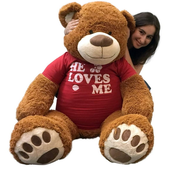 Big Plush 5 Foot Giant Teddy Bear 60 Inch Soft Brown Wears HE LOVES ME T-shirt