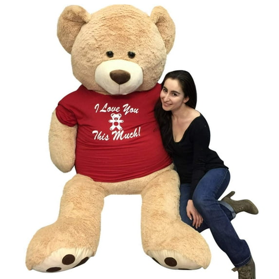 Big Plush Giant 6 Ft Valentine Teddy Bear Very Soft, Huge Valentine's Day Plushie Packed in Big Box Ready to Hug, T-shirt Reads I Love You This Much, Weighs 24 Pounds