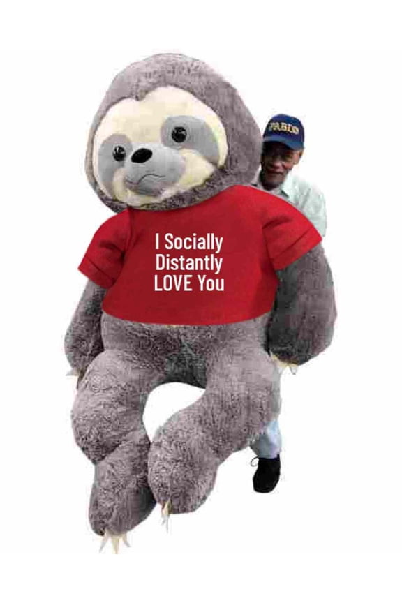 Giant Stuffed Sloth 7 Feet Tall Wears Tshirt that Reads I Socially Distantly Love You, 84 Inches Soft 213 cm Huge Stuffed Animal