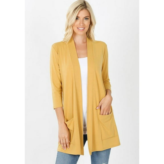 Big Pocket Open Cardigan with 3/4 Sleeves Various Colors (MUSTARD, XL)