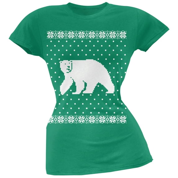 Big Polar Bear Ugly Christmas Sweater Green Soft Juniors T-Shirt