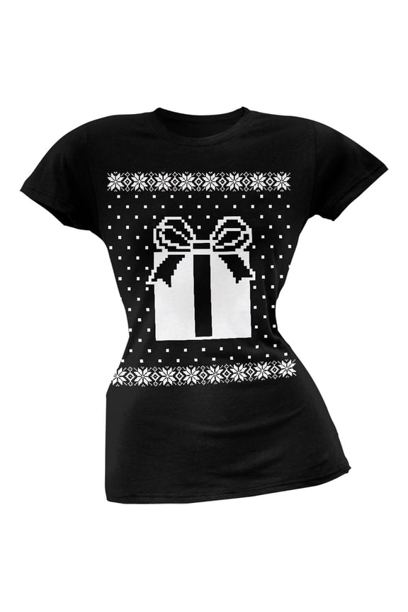 Big Present Ugly Christmas Sweater Black Soft Juniors T-Shirt - Large
