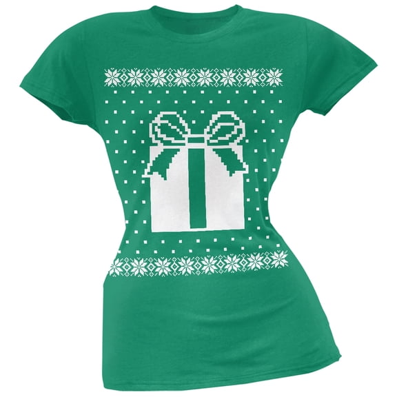 Big Present Ugly Christmas Sweater Green Soft Juniors T-Shirt - Medium
