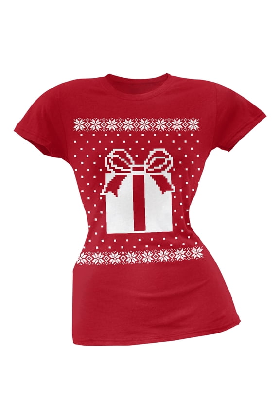 Big Present Ugly Christmas Sweater Red Soft Juniors T-Shirt - Small