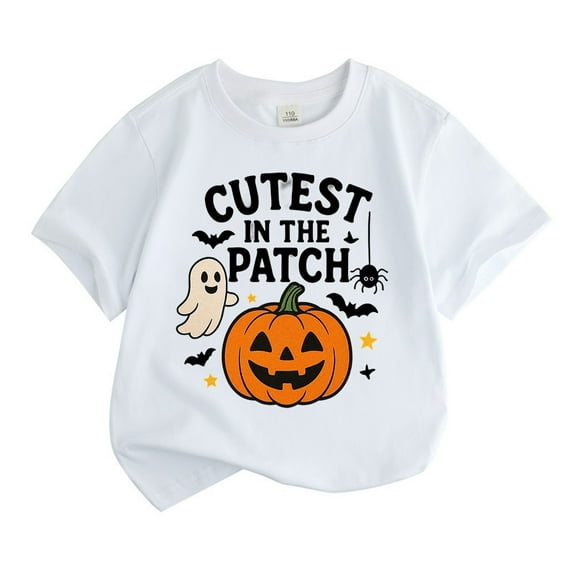 Big Pumpkin Skeleton Bat Ghost Pumpkin Boys Tops Kids Short Sleeve T Shirt Casual Fashion Tee Boys Clothes White Size 8-9T