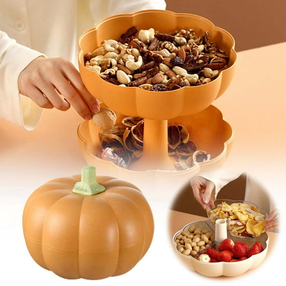 Big Pumpkin Snack Holder With Lid Double Layer Serving Container With 3 Divided Compartments Candy Fruit Nut Tray Snack Bowl(Orange-20.5X20.5X16.5)