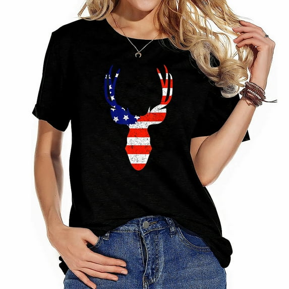 Big Rack Mule Deer Flag For 4Th Of July - Patrioti Fashionable T-Shirt for Women - Short Sleeve Graphic Tee with Personal Style