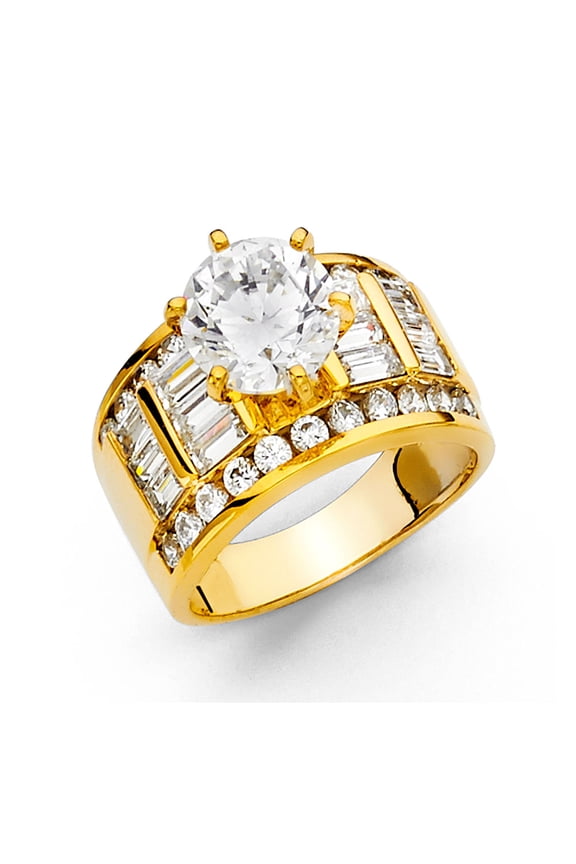Big Round CZ Engagement Ring 14k Yellow Gold Anniversary Solitaire CZ Wide Band Side Stones Size 7.5