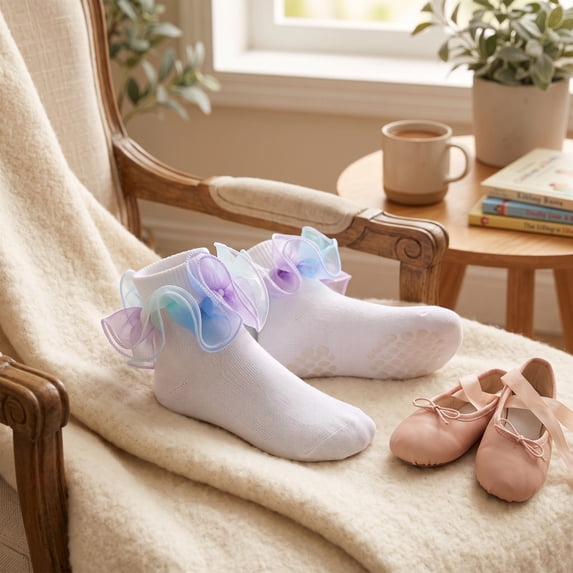 Big Ruffle Socks Double Lace Turn Cuff Girls Lace Princess Dance Socks with Ruffle Trim Breathable Cotton Frilly Cute Bobby Dress Sock for Kids