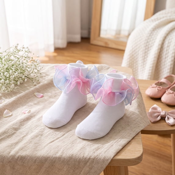 Big Ruffle Socks Double Lace Turn Cuff Girls Lace Princess Dance Socks with Ruffle Trim Breathable Cotton Frilly Cute Bobby Dress Sock for Kids