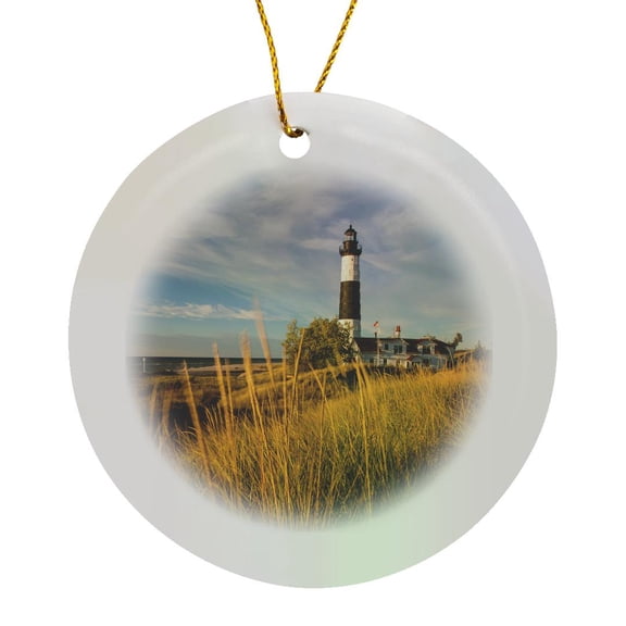 3drose, Big Sable Point Lighthouse, Lake Michigan, Ludington Sp, Michigan, Usa, Circle Porcelain Ornament
