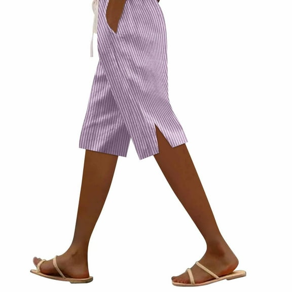 FUNUONY Bermuda Shorts for Women Knee Length High Waisted Cotton Side Button Summer Dressy Casual Long Summer Shorts Casual Striped Side Slit Cotton And Linen Five Quarter Pants