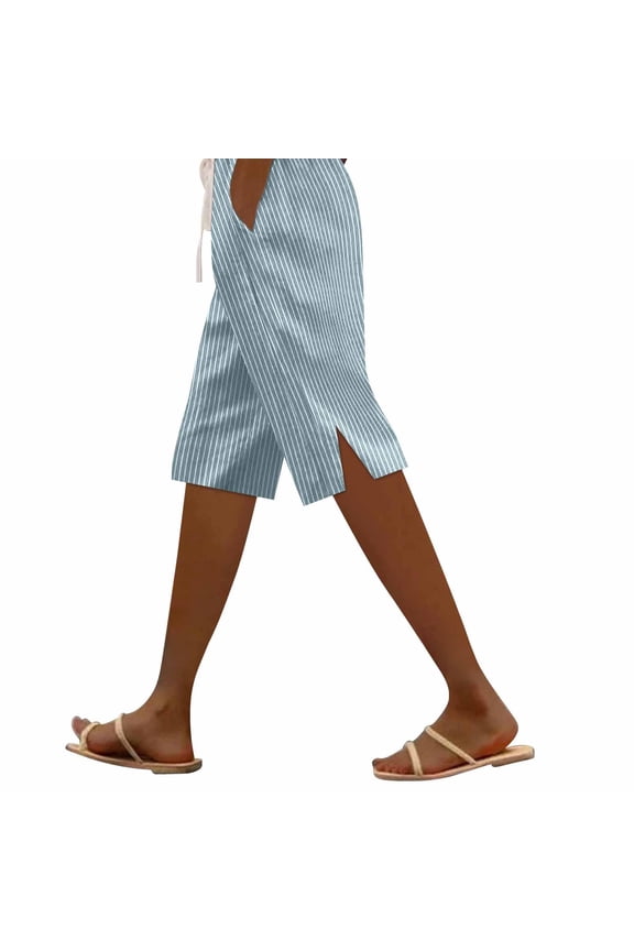 Bermuda Shorts for Women Knee Length High Waisted Cotton Side Button Summer Dressy Casual Long Summer Shorts Casual Striped Side Slit Cotton And Linen Five Quarter Pants