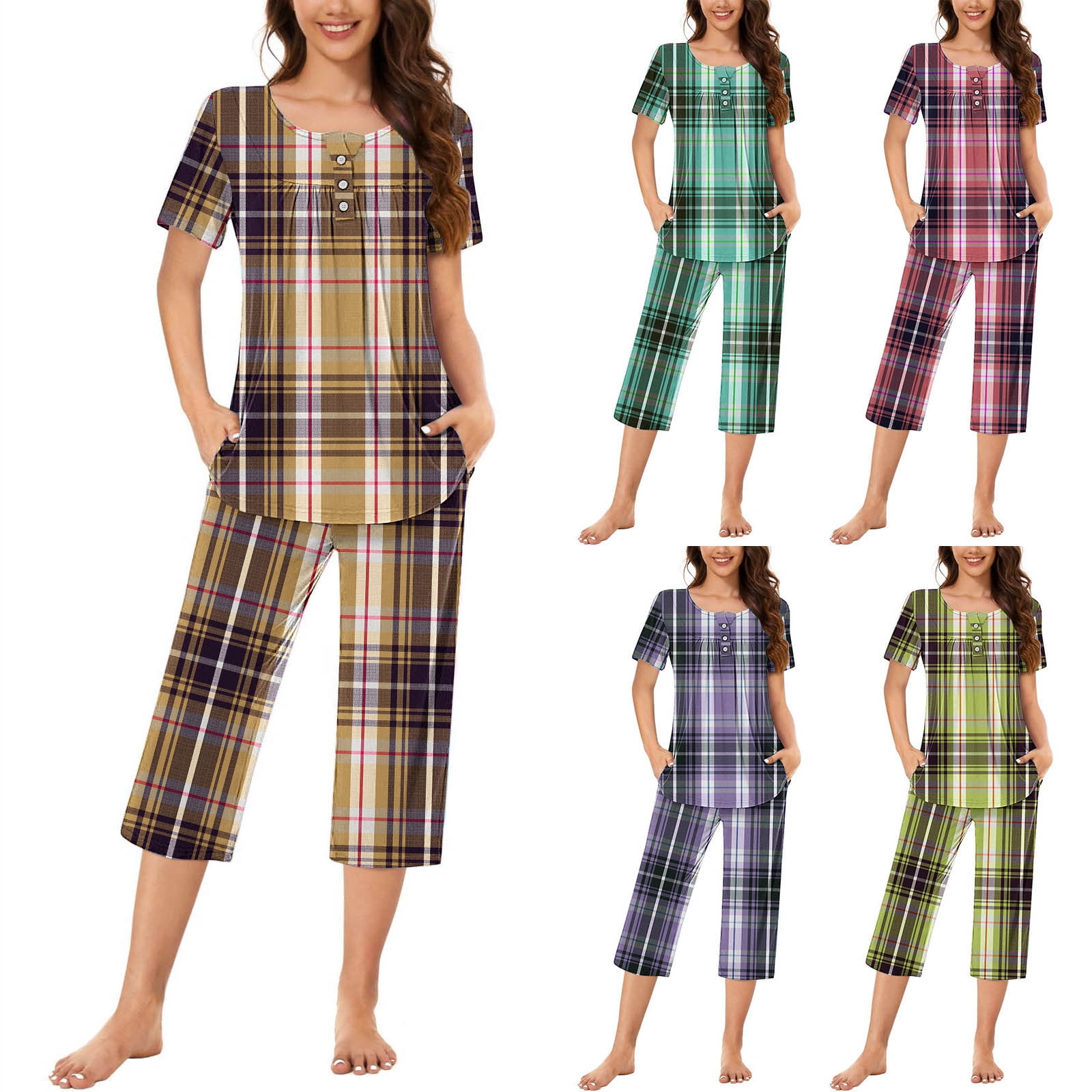 Big Sale PENDANE Women's Round Neck Lattice Print Short Sleeve