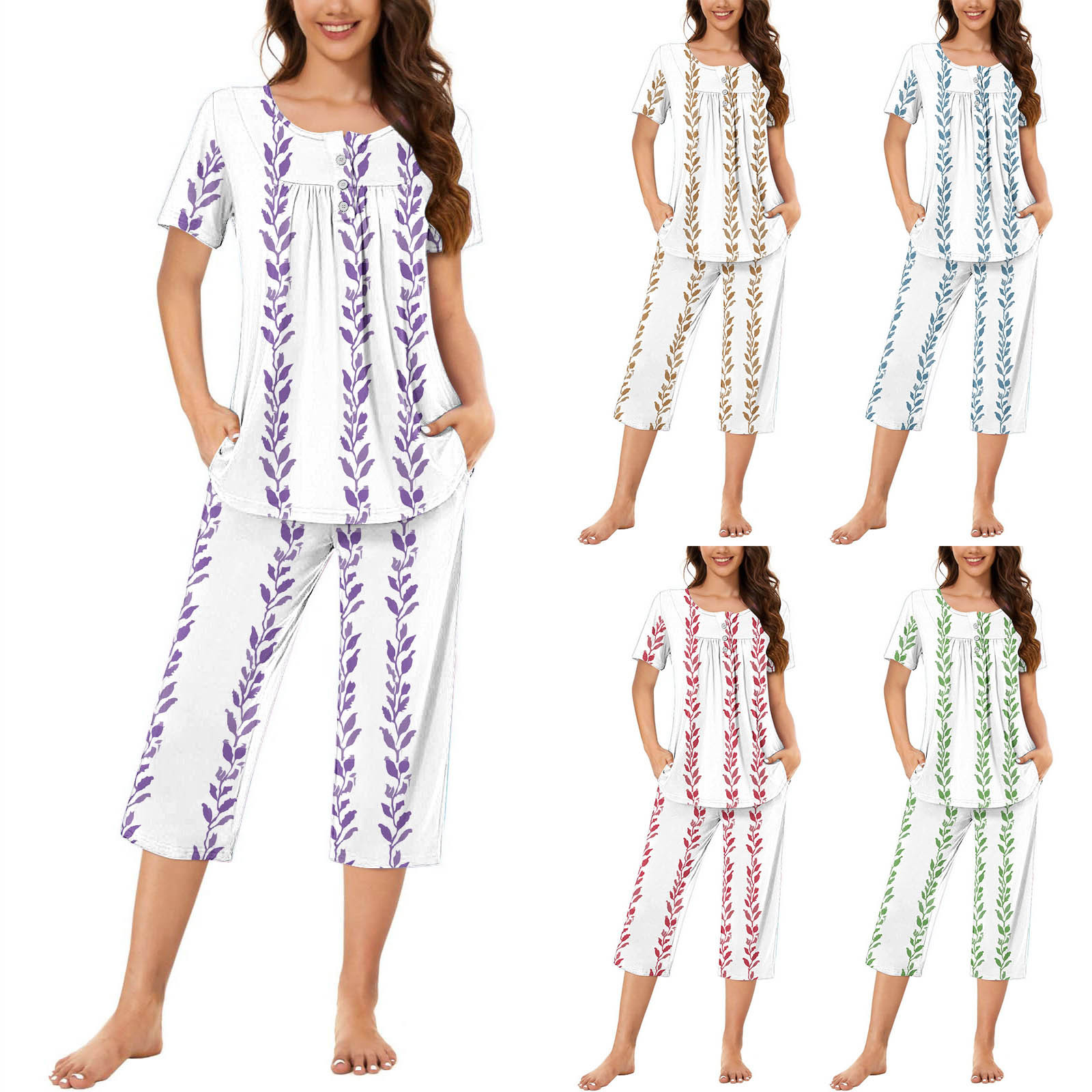 Big Sale PENDANE Women's Round Neck Leaf Print Short Sleeve