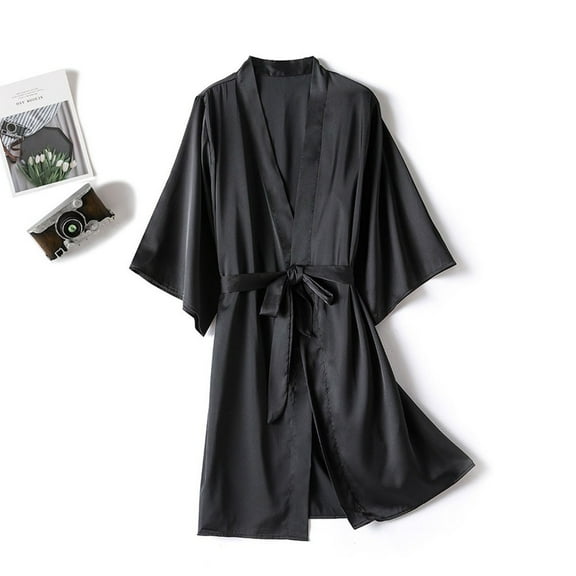 FUNUONY Robe for Women 2025 New Underwear Pajamas Sleepwear Silk Satin Nightdress Women Sleepwear Robes Black L