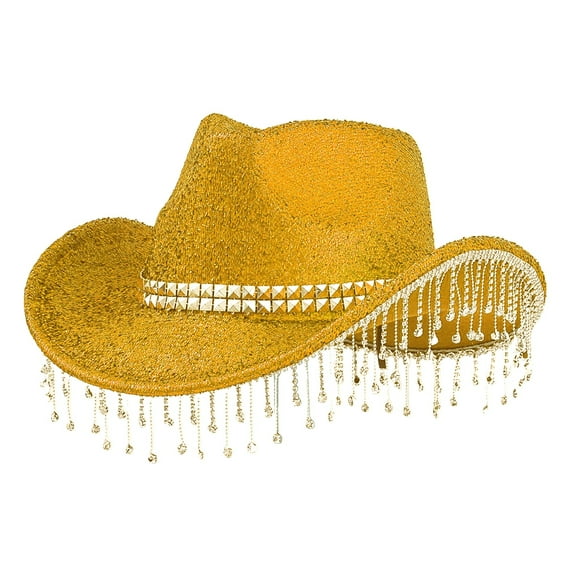 Big Sale! Unisex Sequin and Pendant Cowboy Hat with Tassels for Music Dance Party Yellow